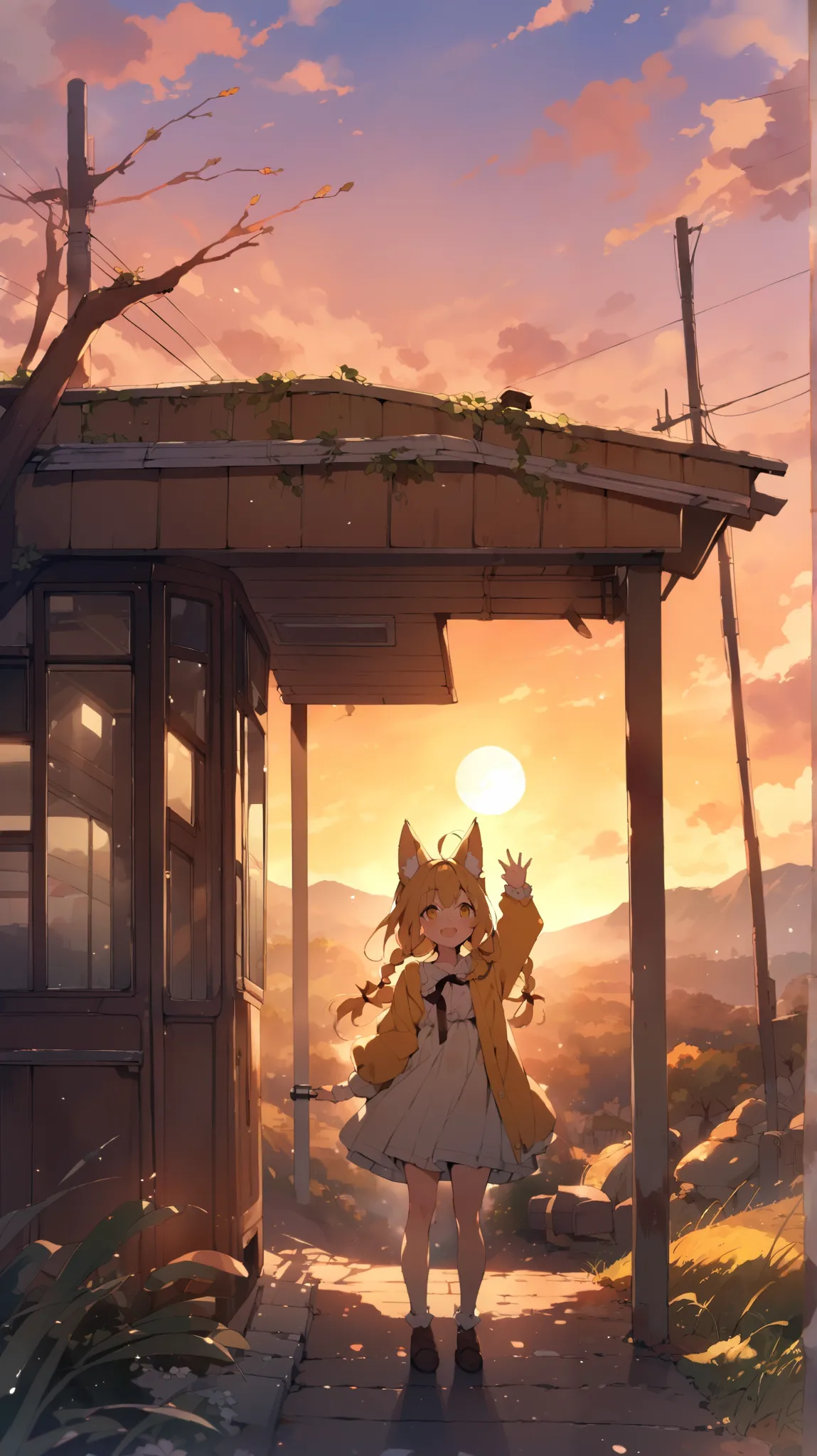 Stand at an abandoned bus stop in the countryside、  Look at Me and Laugh、 raise one hand、Showa Era Scenery、sunset、watercolor、 Girl with fox ears ,yellow fox ears ,solo,yellow eyes,stupid hair,braids,Greatest Masterpiece,Best Quality,Superb 