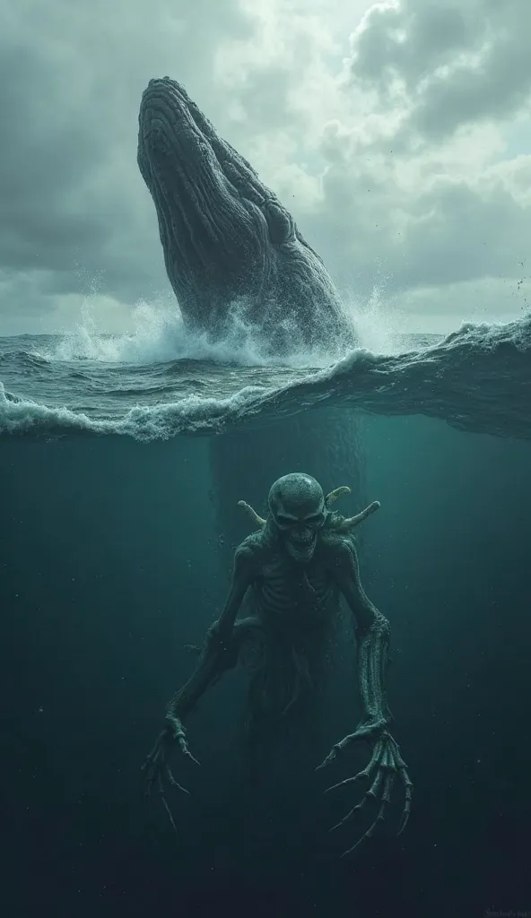 A massive whale breaches the surface of a stormy ocean, exhaling mist into the sky. Nearby, a sunken spirit drifts just below the waves, its skeletal hands reaching for the surface, forever trapped between worlds.