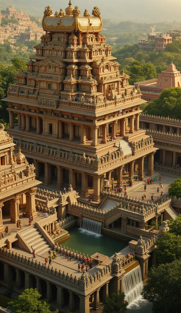 A hyper-realistic depiction of an ancient South Indian temple city, built with intricate Dravidian architecture. Towering gopurams rise above the skyline, covered in elaborate carvings of Hindu deities, celestial beings, and mythological creatures. The cit...