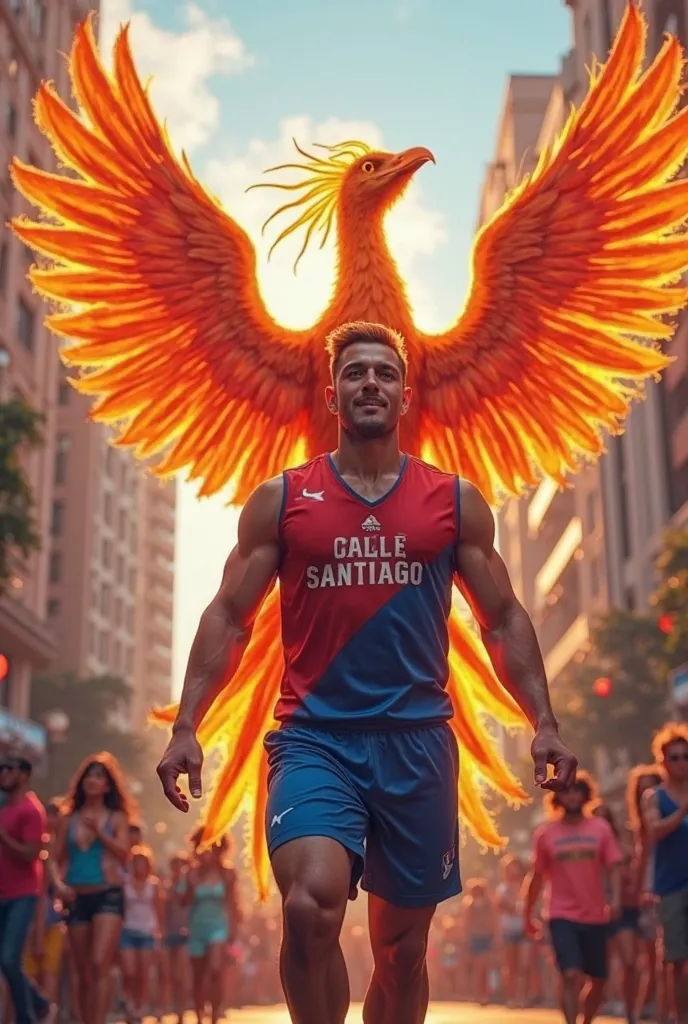 athlete parading in red and blue, The name of the team is “Calle Santiago”, With real Phoenix birds voting fire behind parading next to him