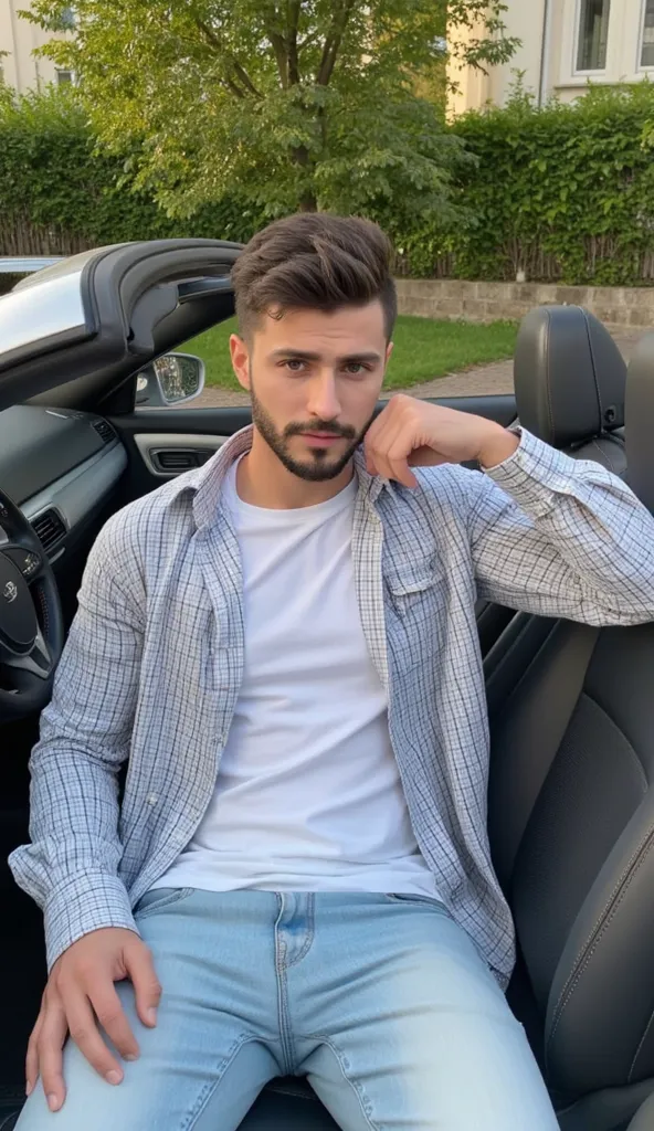 a handsome young turkish guy with muscle, dark very short hair fade middle parting and goatee beard  he wearing a longe sleeved white black checked shirt and a white tshirt  and a light loose jeans he is in a cabrio car with black seats amateur photo rando...