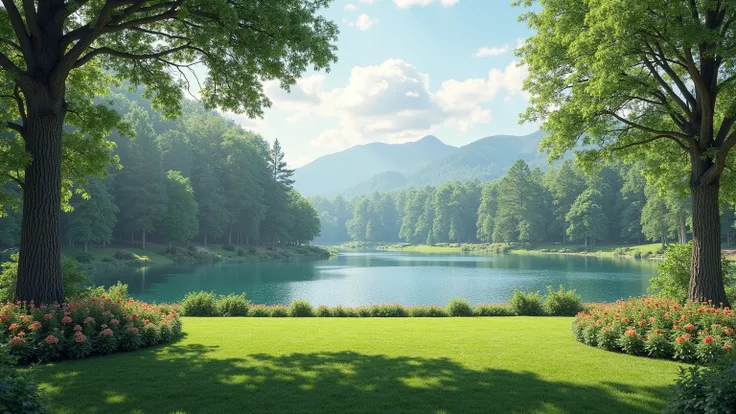 Color photo, photorealistic, A parkland In the foreground In the background a lake forest