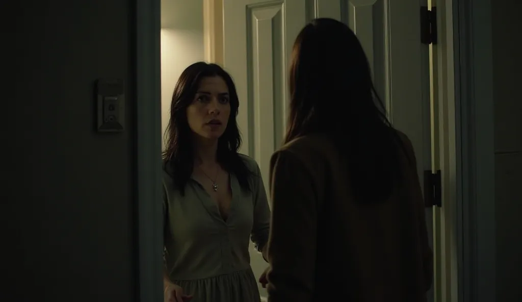 A dimly lit apartment doorway at night. The main character (a woman) stands tense near the door, her expression a mix of anger and concern. Jordan (a woman with dark hair) stands protectively in front of her, hand on the door as she confronts Marisa, who i...