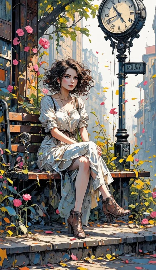 pulsing with fantastic light  **beautiful woman** sitting gracefully ** street bench **,  wear clothes **delicate,  Elegant dress** gently flowing around her.  she has her own  **watching with quiet anticipation**, waiting for someone. a **large wall clock...