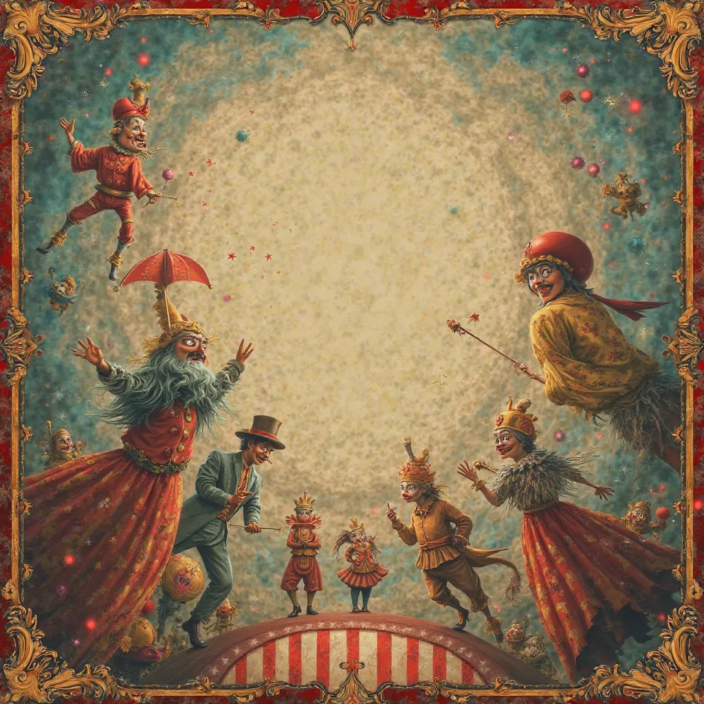 An ancient circus style poster with colors faded by time and a few tears 