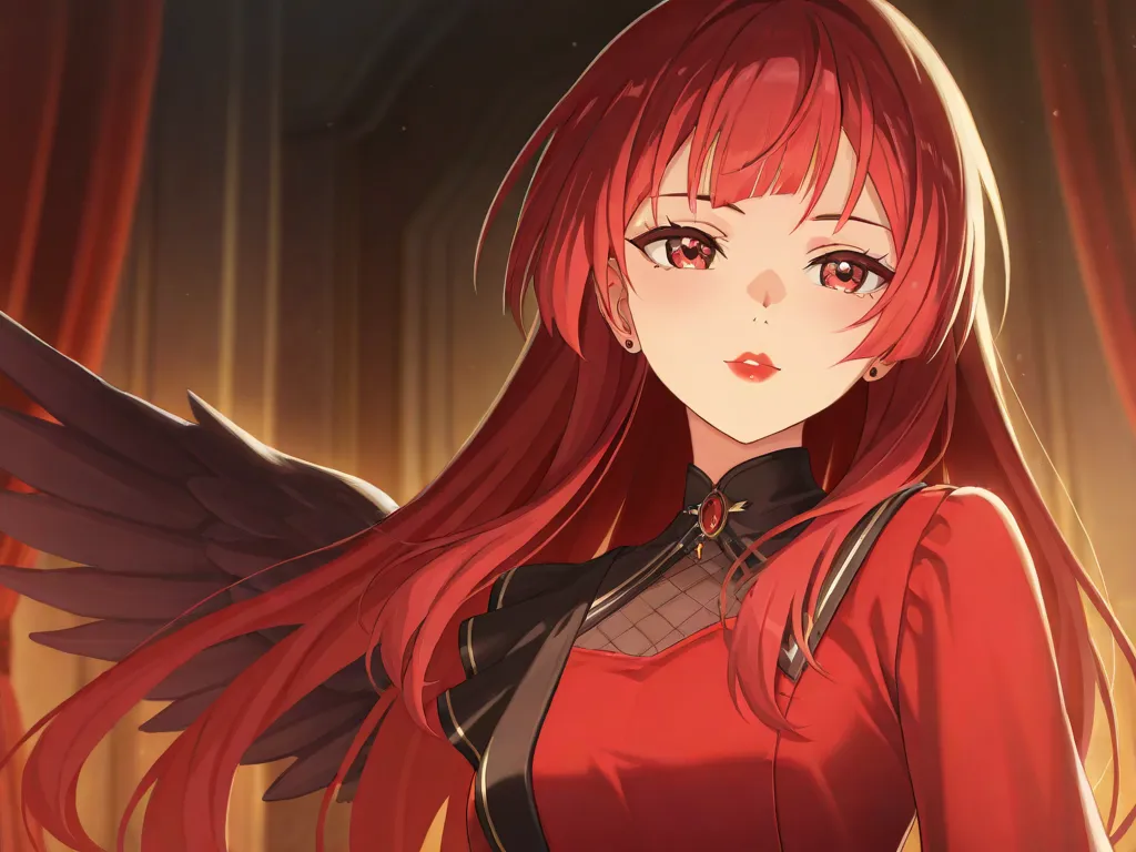 (masterpiece),( best quality:1.0), ( high resolution :1.0), detailed illustration, 8k , anime,  1girl , beautiful anime girl,  Wearing a red dress,  single wing, pretty face,  detailed face,  beautiful eyes , Piercing eyes, dark red eyes,  bright red lips ...