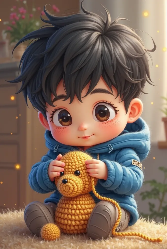 A chibi young boy with a blue jacket and brown eyes and black hair is knitting a cotton doll. On his jacket is written the word moon maung amigurumi.  Please write that letter exactly.  Carefully draw his little eyes. He is interested in his work