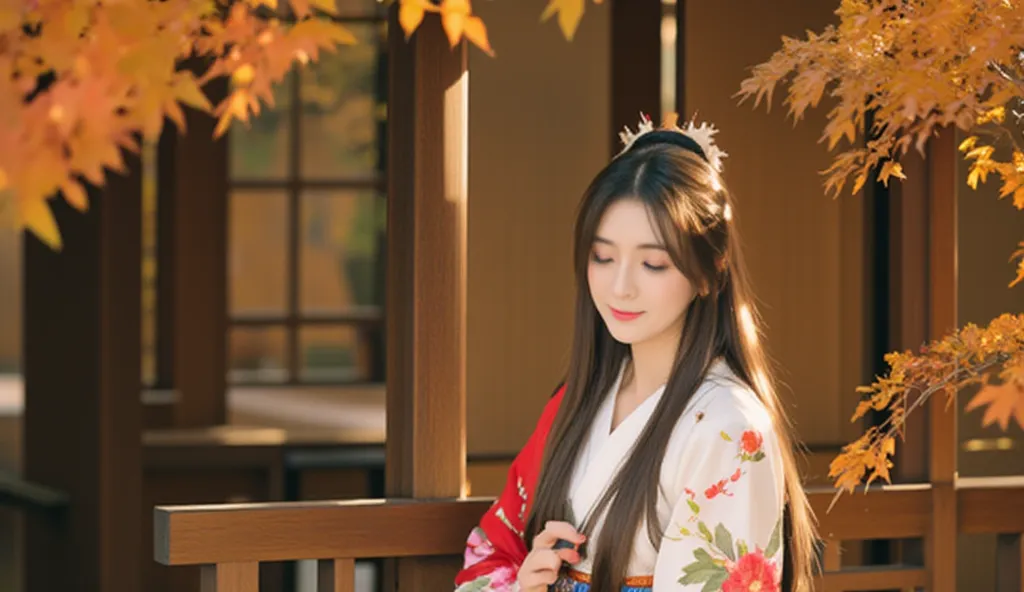  ar311,a photograph that combines elements of both photography and painting. It portrays a serene and artistic scene featuring a asian woman dressed in traditional japanese attire. The woman is seated on a wooden bench, surrounded by autumn leaves, which c...