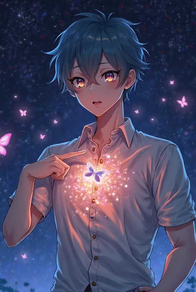 Anime picture A handsome hero with colored eyes grabbing his chest with one hand and his chest hit by the handle is colored and there are many small butterflies coming out in color. The background is a starry night.