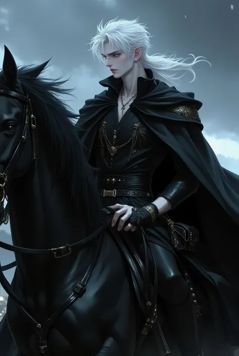 A striking and enigmatic prince rides a majestic black stallion. He is 28 years old, 1.86m tall, with a lean yet strong physique. His hair is white, messy white layered hair, and slightly unkempt, enhancing his wild and untamed aura. His piercing blue eyes...