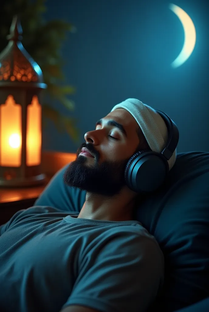 This thumbnail exudes a serene and spiritual ambiance, depicting a young bearded man immersed in a moment of tranquility. He wears a white skullcap and large, cushioned headphones, suggesting he is deeply engaged in listening to something profoundly soothi...