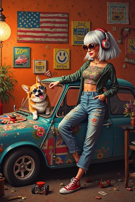  orange gradient background 、 There are lots of old American car posters and smiley posters on the wall in the old rusted art studio 、Rasta Colored Old Mini Cooper Van、 Flashy, Hardline , And a picture of a flower fairy that's cool on the body 、
  stick ou...