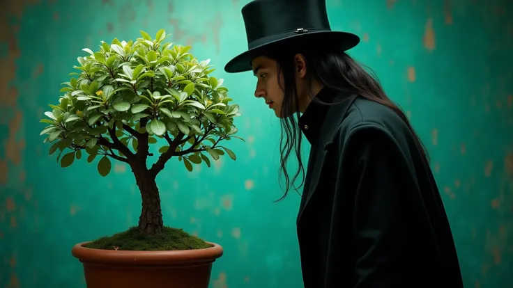 Money tree growing in a pot, a young hacker with an enigmatic and charismatic appearance, inspired by the cyberpunk style of the 90s and the aesthetics of the character Neo from Matrix. He wears a long elegant black overcoat and a sophisticated top hat, th...