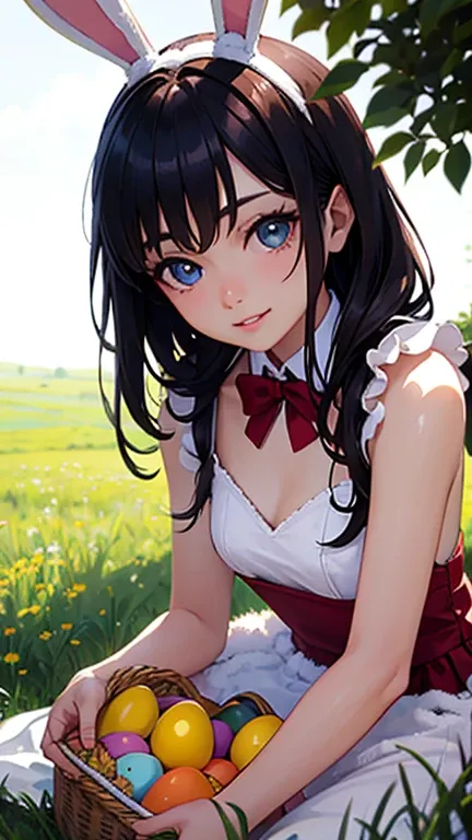 An anime girl in an Easter bunny costume sitting on a meadow and far in front of her there is an Easter basket with broken eggs and chocolate spread out on the meadow