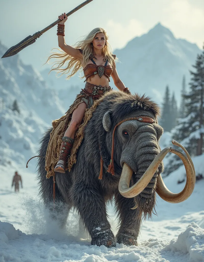 "Generate a series of 4 high-resolution images in which Eleena, a blond woman in a sexy cave-style costume (Skins, fringes,  tribal jewelry ), aparezca montada sobre un imponente mamut con armor rústica. Eleena holds a prehistoric spear above her head, in ...