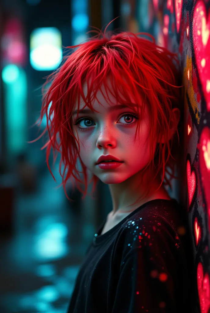 photorealism red short ragged hair , sweet , mint big eyes ,sexy street art sexy dla lalki zmyslowa podniecjaca odsłaniajaca ciało intymne, night wet rain colorful love hearts graffiti toddler 3D hq=,  stunning digital art. tanned shiny skin  , dynamic pho...