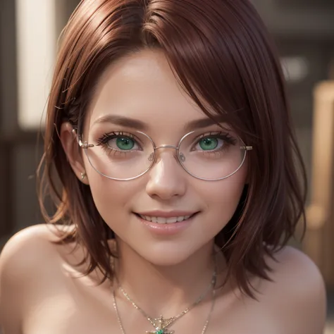 (close-up, face:1.2). Short, (red hair, green eyes:1.2), (diopter glasses with metal frames:1.2), ( nude:1.6), (necklace:1.2), ( smile:1.3) girl . ( Masterpiece , top quality shirt, best quality, official art,  beautiful and aesthetic:1.2),  extremely deta...