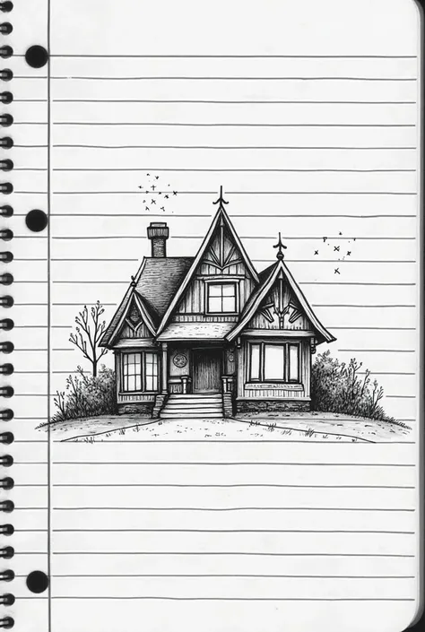 A student has drawn their dream house in their school notebook with a pen