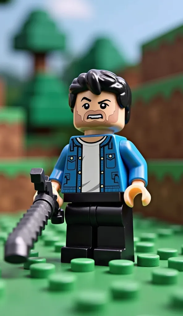 Create a LEGO minifigure inspired by Minecraft characters. 

His head is square, He has fair skin, head and arms, black hair. He wears an open blue jacket with a white t-shirt underneath and black pants.

He holds a Minecraft-style sword. 

The background ...