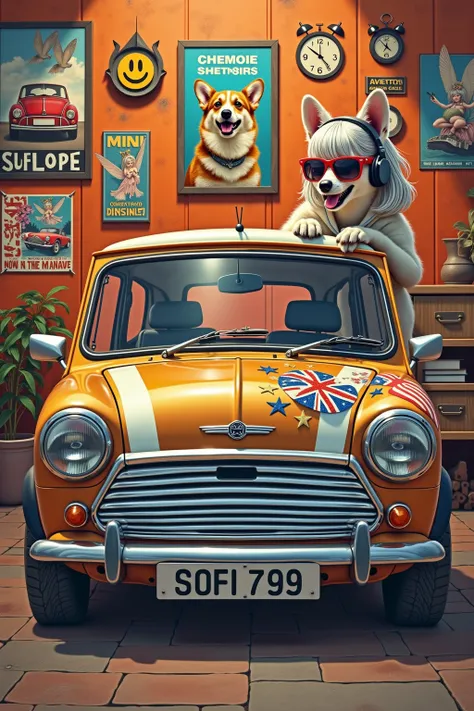  orange gradient background 、 There are lots of old American car posters and smiley posters on the wall in the old rusted art studio 、Rasta Colored Old Mini Cooper Van、 Flashy, Hardline , And a picture of a flower fairy that's cool on the body 、
  stick ou...