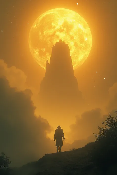 The sky is covered in gold. The shadow of the mysterious Yellow Giant is visible through the rising mist from below.