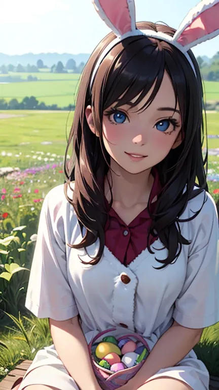 An anime girl in an Easter bunny costume sitting on a meadow and far in front of her there is an Easter basket with broken eggs and chocolate spread out on the meadow