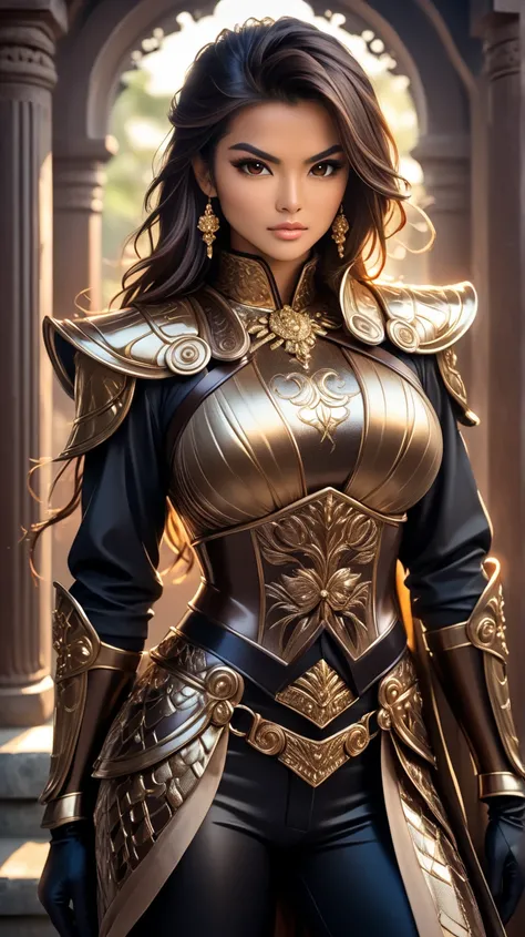 A young, tall, imposing Thai warrior woman, wearing shiny bronze armor that highlights her strong, feminine muscles. Her face is of rare beauty, with elegant features and an expression of determination and strength.
Her skin is a lightly tanned acai brown....