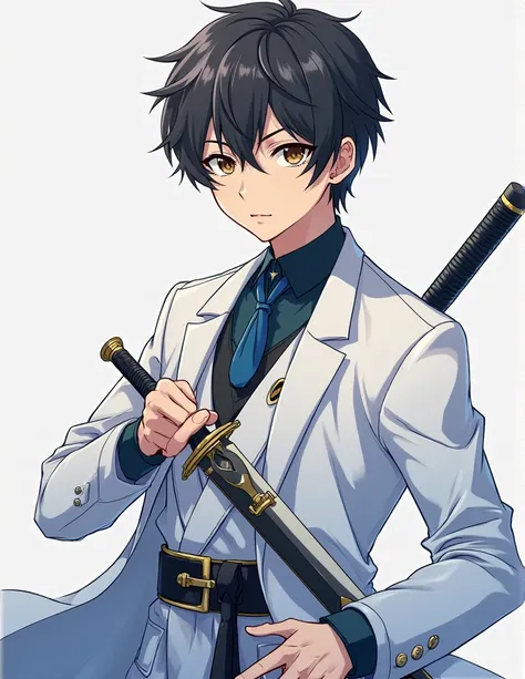  youth,handsome, black hair,brown eyes,Sugar face ,swordsman,has a jet black sword,western style white coat(The blue line), series of character actions,  Godley, Japanese illustration style, anime, Godley, 最強のswordsman