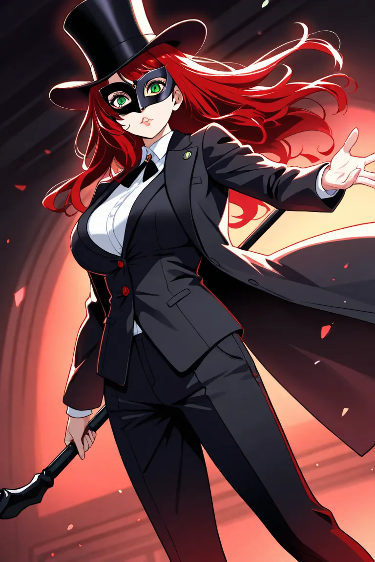 Persona 5 art style, big breasts, long red hair, puffy lips, green eyes, top hat, opera mask, suit, black coat