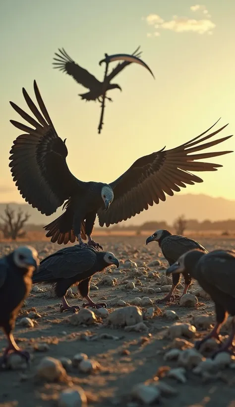 A group of vultures picks at bones in a desolate wasteland, their dark wings spread wide. Nearby, a grim reaper spirit floats, its scythe glowing faintly in the evening light, waiting patiently for its next claim.