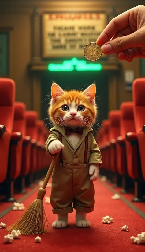 *"In in a classic cinema with warm yellow light lighting, an orange-white fluffy kitten stands in the middle of a red carpet hallway. He's wearing a janitor's uniform that looks a bit shabby, with rolled up sleeves and neatly tied trousers. A small bow tie...