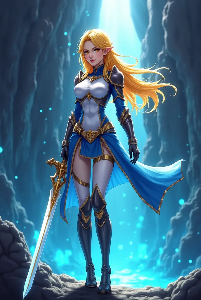 "4K anime style quality, digital drawing mode, a graceful and deadly swordswoman with long golden blonde hair, sharp golden eyes, wearing a form-fitting white and blue battle outfit with armored gauntlets, standing on the edge of the deep dungeons of Orari...