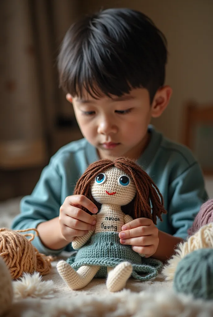 A young boy is knitting a blue-eyed, brown-haired, black-haired doll. On his doll's body is written the words "moon maung amigurumi". Please write the exact words. 