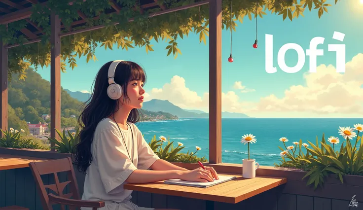 Listening to music on headphones、Girl working in a seaside cafe。A rich sky and sea scenery spreads out in the background。LOFI is written on the upper right