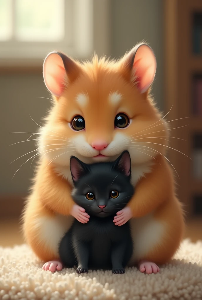 a little cute hamster holding a little cute black cat 