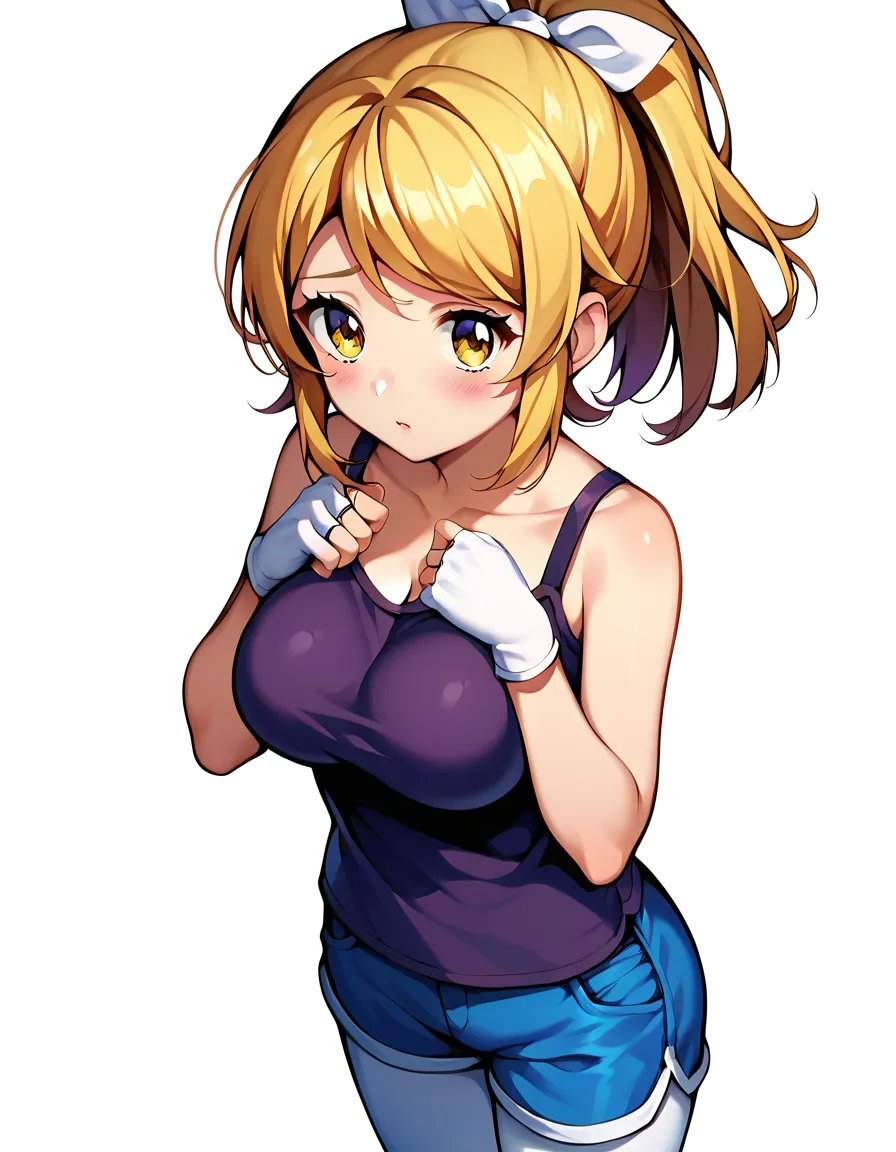 (masterpiece, best quality:1.2), 1girl, shibakusa yumi, young female, large breasts, solo, blonde hair, medium hair, swept bangs, straight hair, ponytail, anime coloring, highly detailed, white background, simple background, looking at viewer, facing to th...