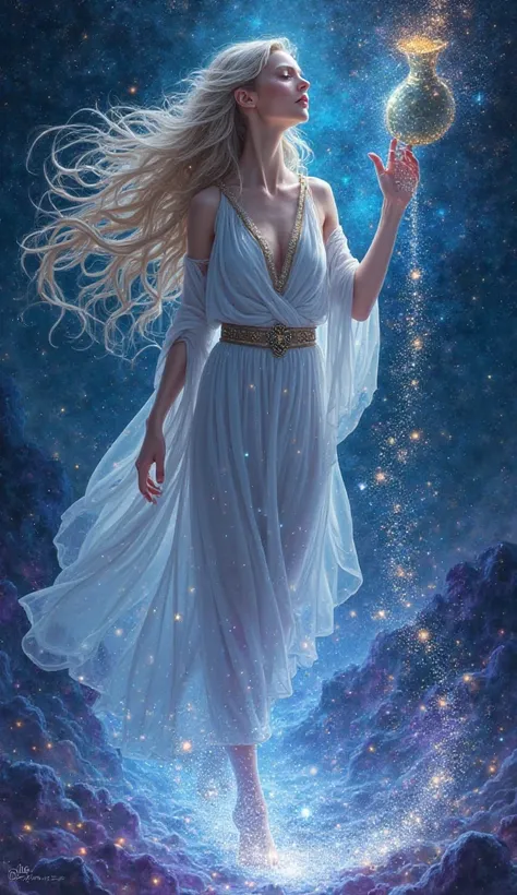 "An ethereal figure symbolizing the sign Aquarius, surrounded by a heavenly and futuristic environment. The main character can be an androgynous being or a goddess Cosmic with long floating hair, wearing a flowing tunic in shades of blue and purple. She ho...