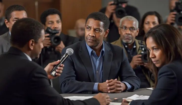 A high-quality realistic digital illustration of a press conference scene. A distinguished actor Denzel Washington sits at a long table, dressed in a dark suit and a buttoned-up shirt, looking calmly but intently at a reporter holding a microphone towards ...