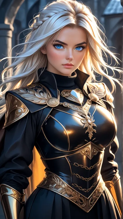 A young Norwegian warrior woman of tall, imposing stature, wearing shining bronze armor that highlights her strong, feminine muscles. Her face is of rare beauty, with elegant features and an expression of determination and strength.
Her skin is extremely m...