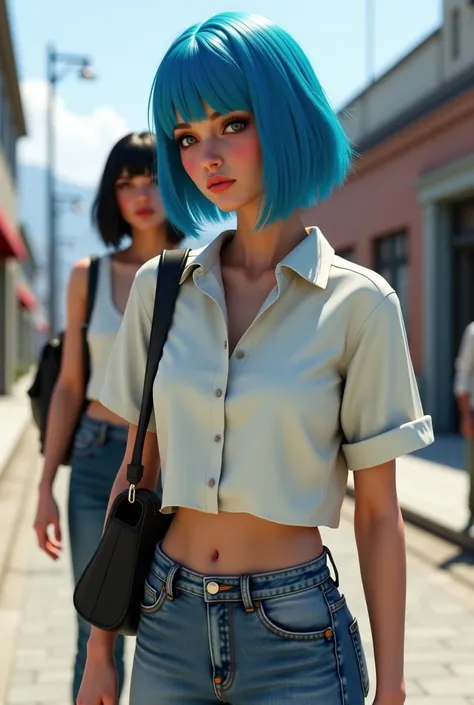 features women with blue hair and white shirts carrying bags,  movie set ,  Fashion Gameplay Screenshot ,  realistic clothing ,  square onyx style game , The sustainable streetwear clothing collection,  very detailed clothes,  Realistic Content , ( ( Unrea...