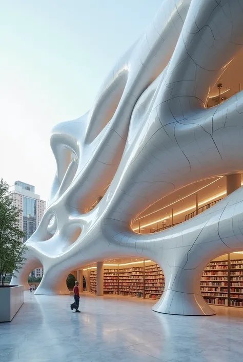 Je voulais que tu créer un volume de bibliothèques moderne comme style de zaha hadid