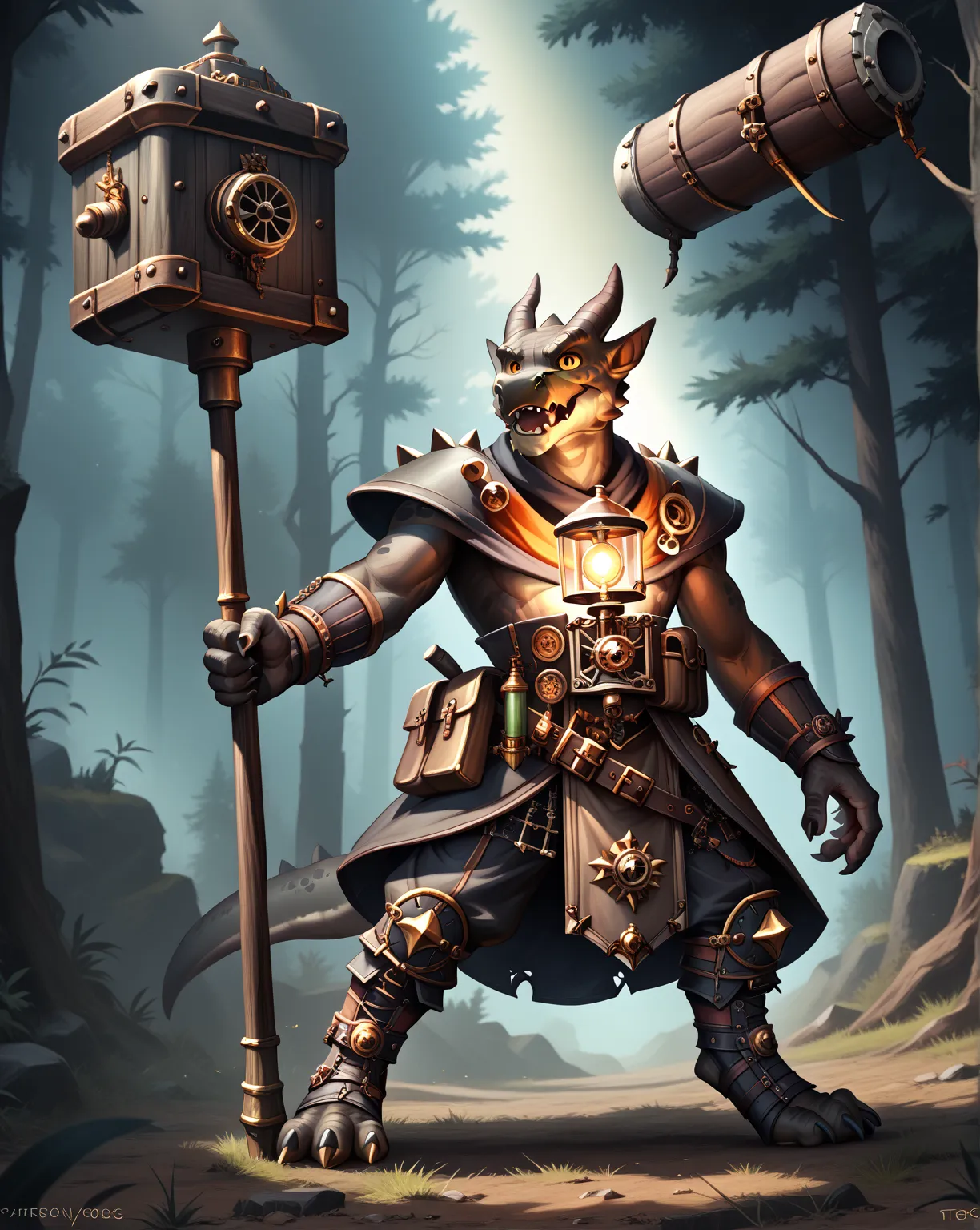 Furry black kobold, Alone, full body,kobold man,  black skin, scallops ,  orange eyes, clothes steampunk, holds a battle hammer with a long handle above his head,  with his shoulder horizontally,  mouth slightly open,  sharp teeth,high resolution,  Masterp...