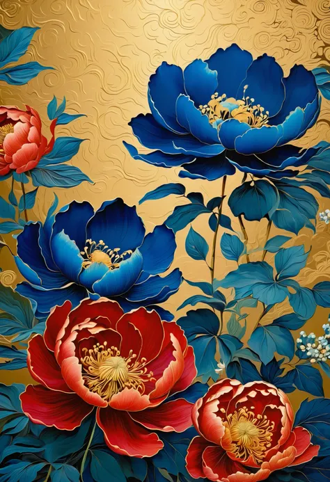 Made with traditional techniques, Japanese painting, gold paint, watercolor, glitter powder, shellfish, painted indigo flowers, gold paint flower painting, lacquer-e style, the folding screen installed in a temple in Kyoto is very beautiful., a painting st...