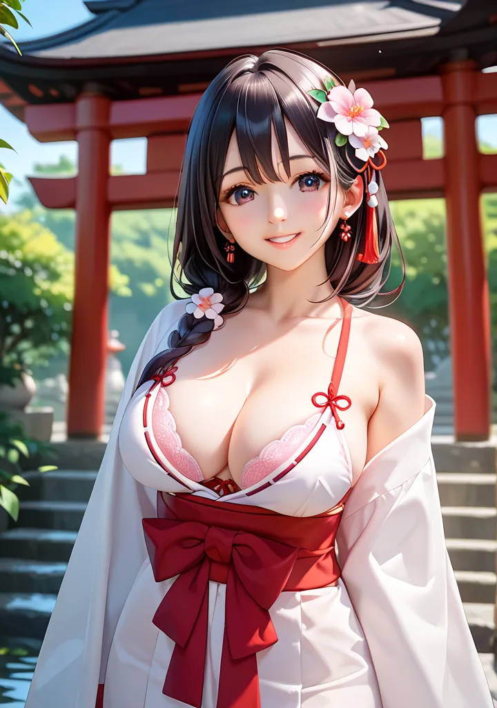 ( Ultra-fine 、 Max image    、 top quality、 detailed )、 top quality , masterpiece, ( beautiful eyes)、flower hair ornament ,( shrine maiden costume 、Open your clothes、 I can see cute bras、). ,Big Breasts、shrine 、 standing、smile、 black hair、 straight hair