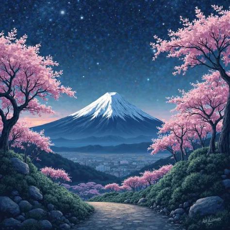 Night view, cherry blossoms and Mt. Fuji　illustrations