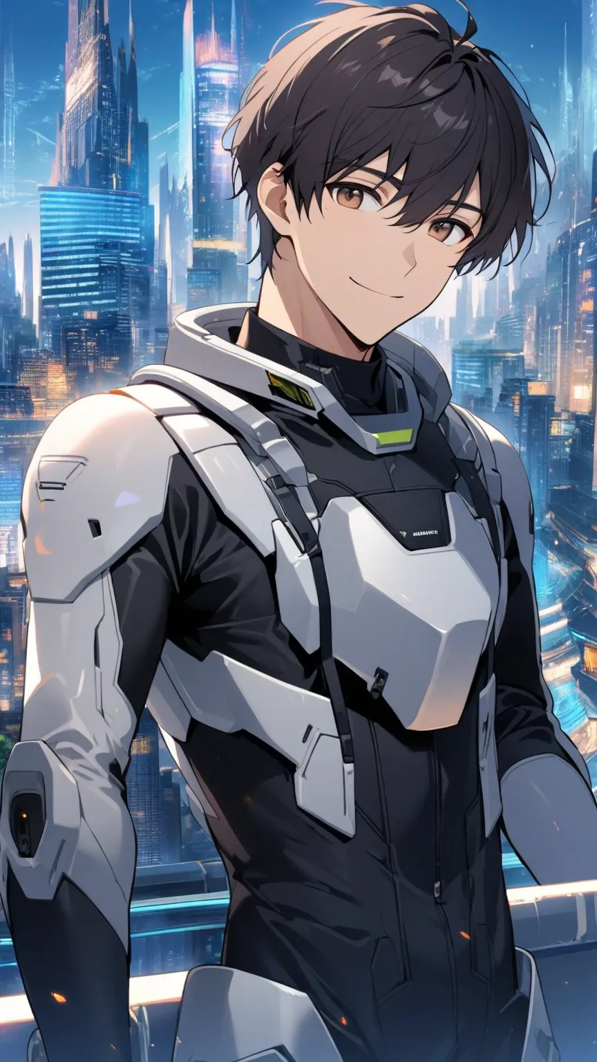 1Man，alone，  male focus  ，dark hair，  Tall Fit  ， Finger Gloves  ，Blue and White Armored Robot Driving Suit，brown eyes，Upper body，Smile，Future city background 
