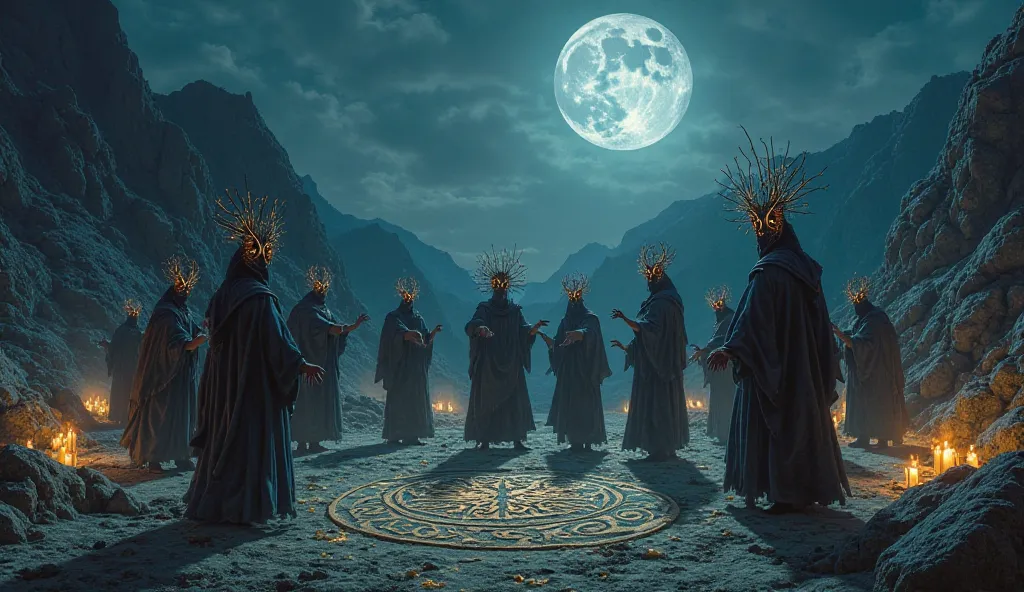 Men and women in strange clothes wearing masks dance in a ceremony in a place illuminated by strange candles and carved symbols on the ground behind mountains in a moonlit night