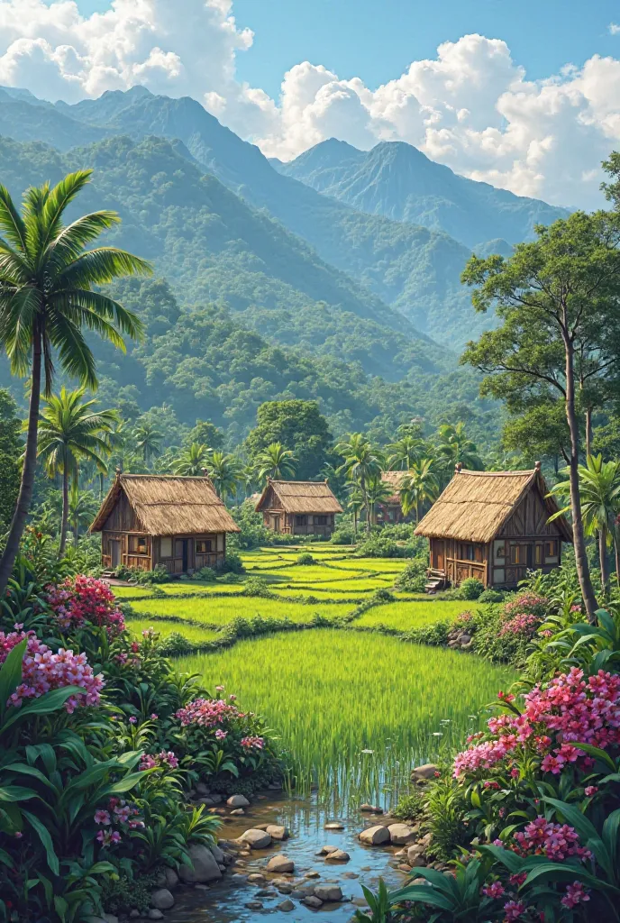 Farm mountains nipa huts colorful plants rice fields 