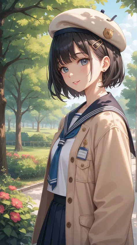  black hair、short hair、 beige beret、 sailor collar jacket、Stroll through a park shaded by trees