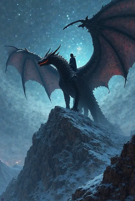 Create a pic of a evil black dragon on  top of a mountain with a starry night and a person in shadow is sitting on the dragon's back

